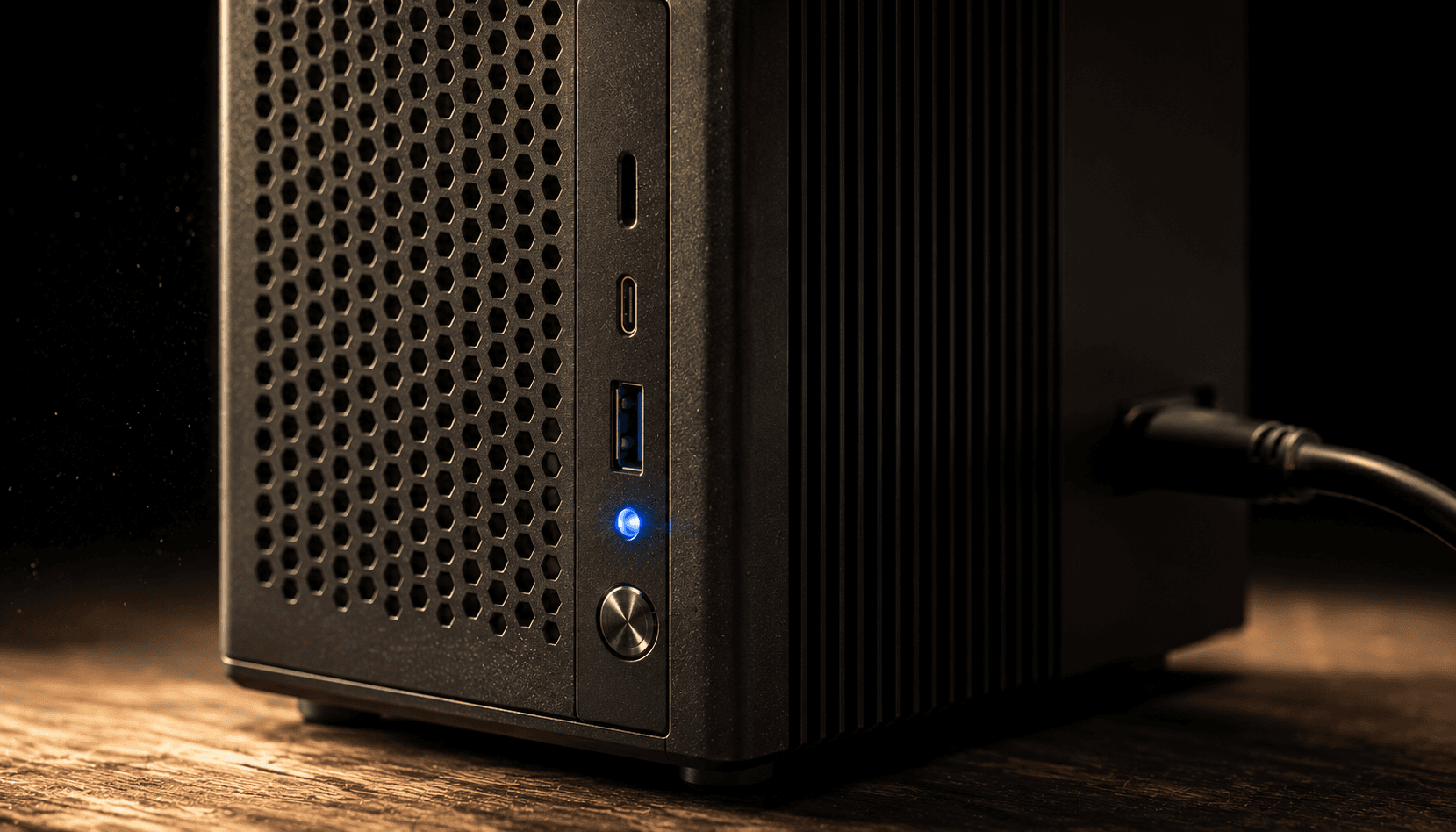 Macro detail of the AI workstation — matte black, blue power LED, USB-C ports