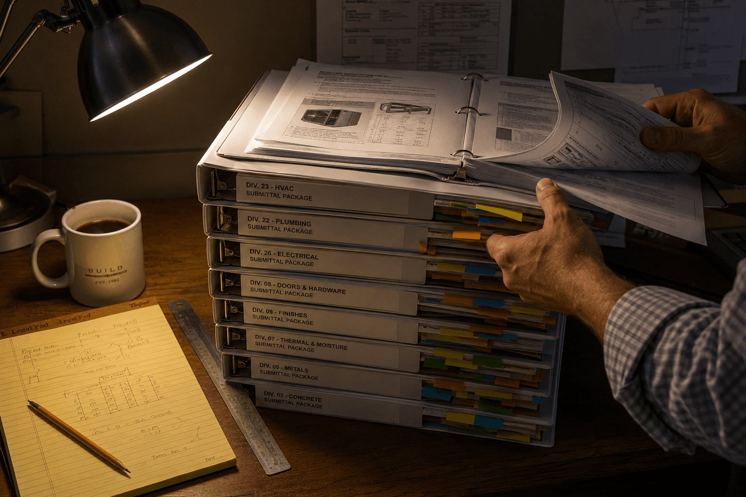 A heavy stack of bound submittal packages on a desk, hands flipping through pages
