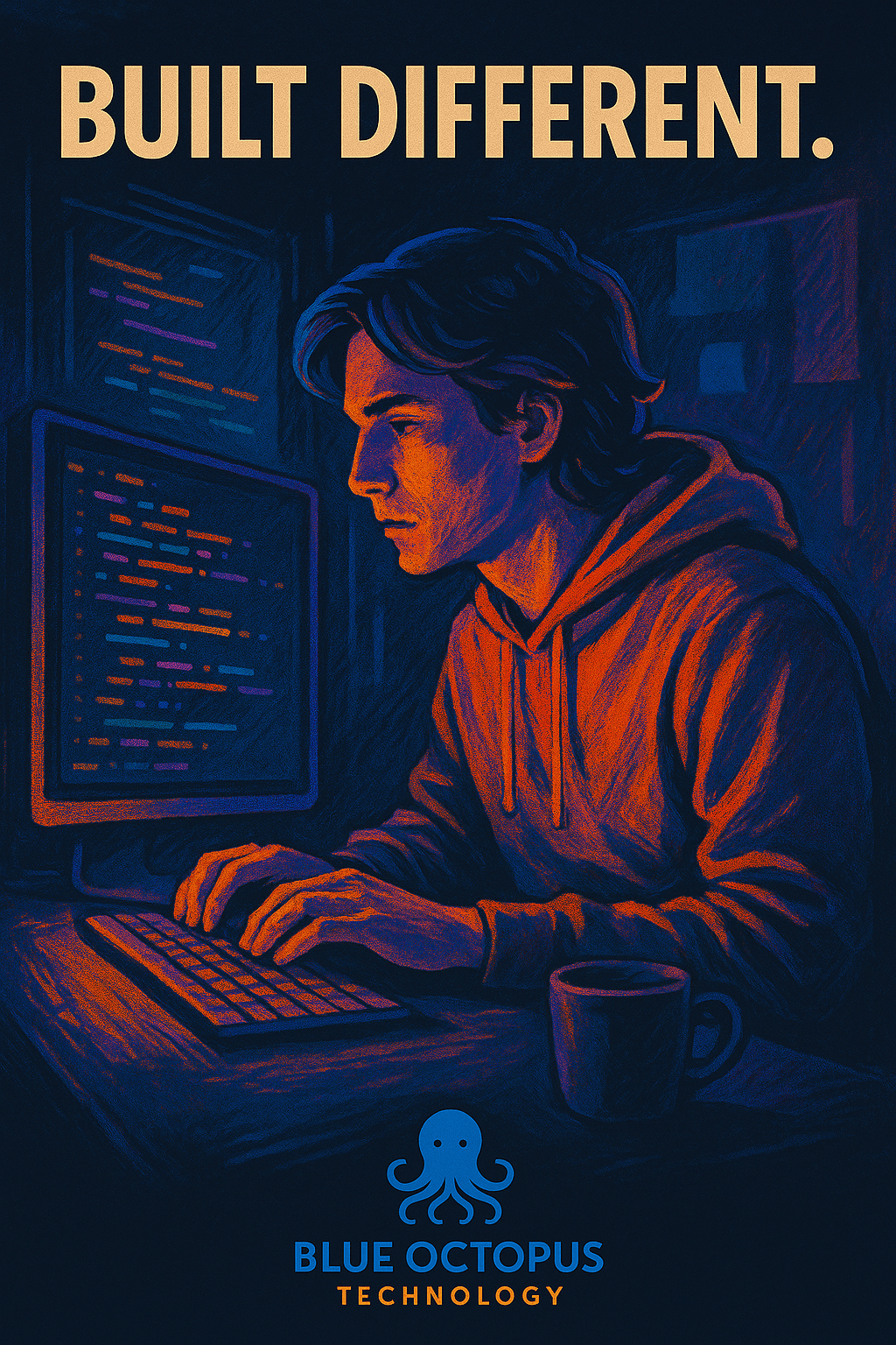 Developer coding late at night with warm orange light and monitors