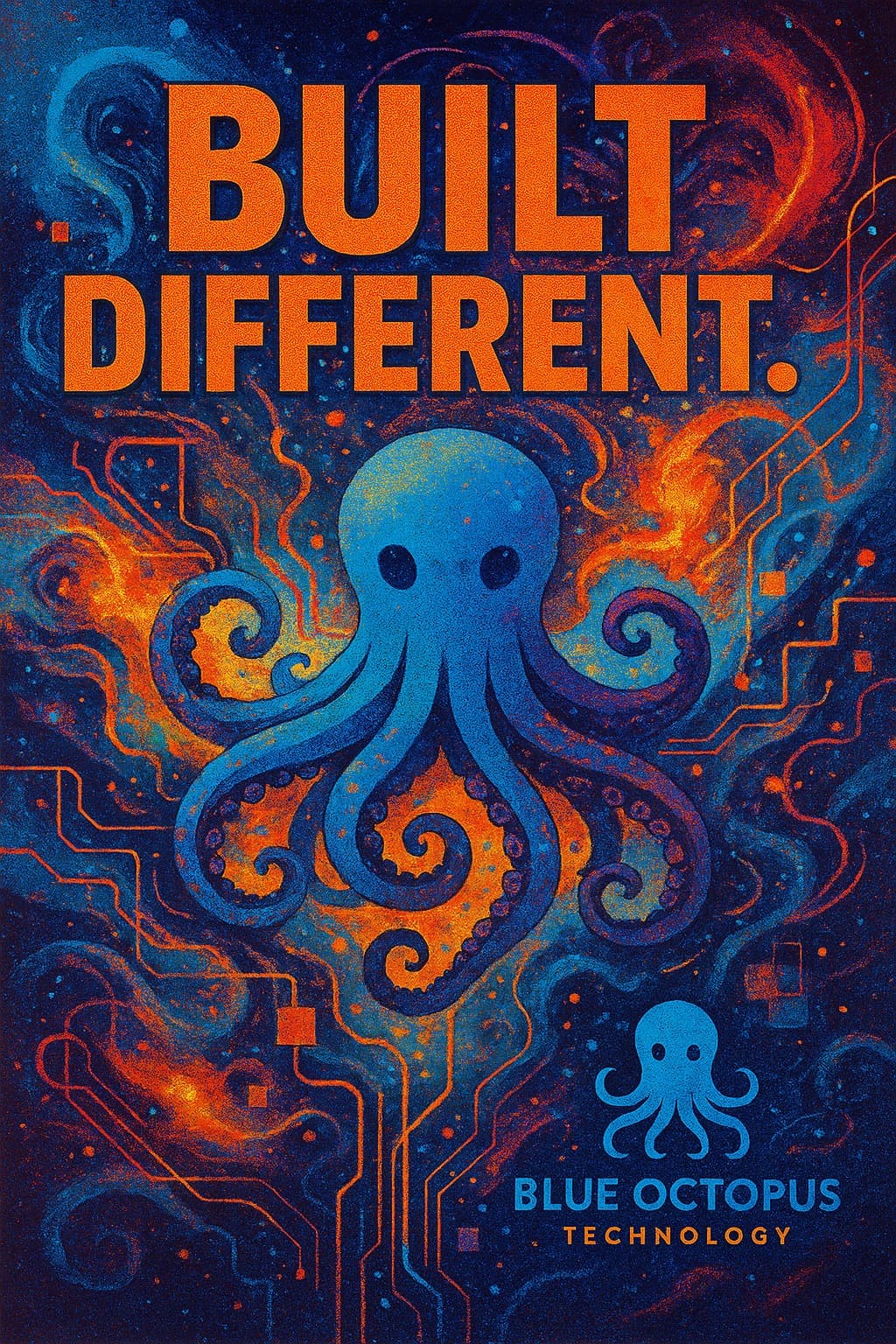 Blue octopus surrounded by circuit board patterns and cosmic energy