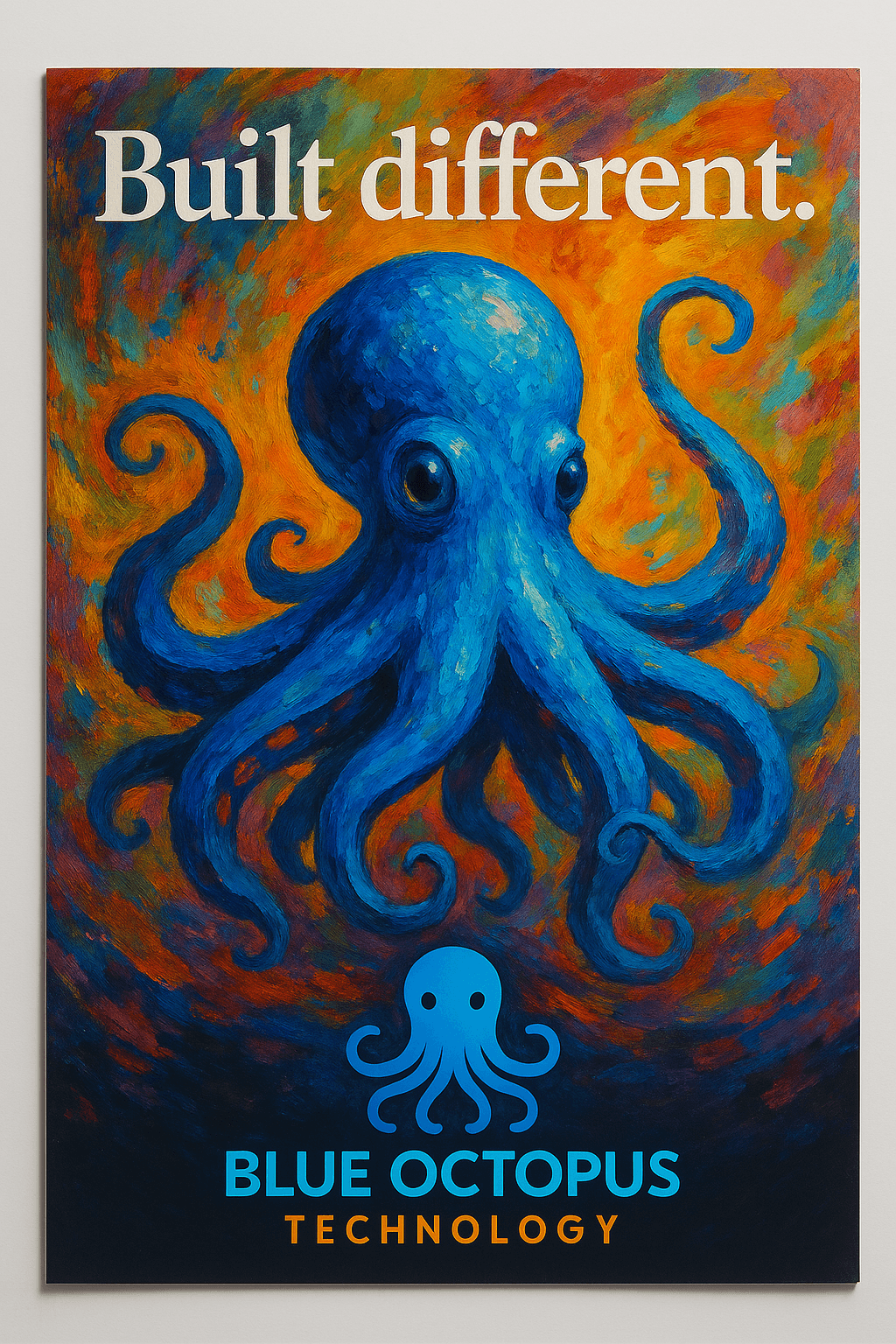 Painted blue octopus on vibrant orange and green canvas