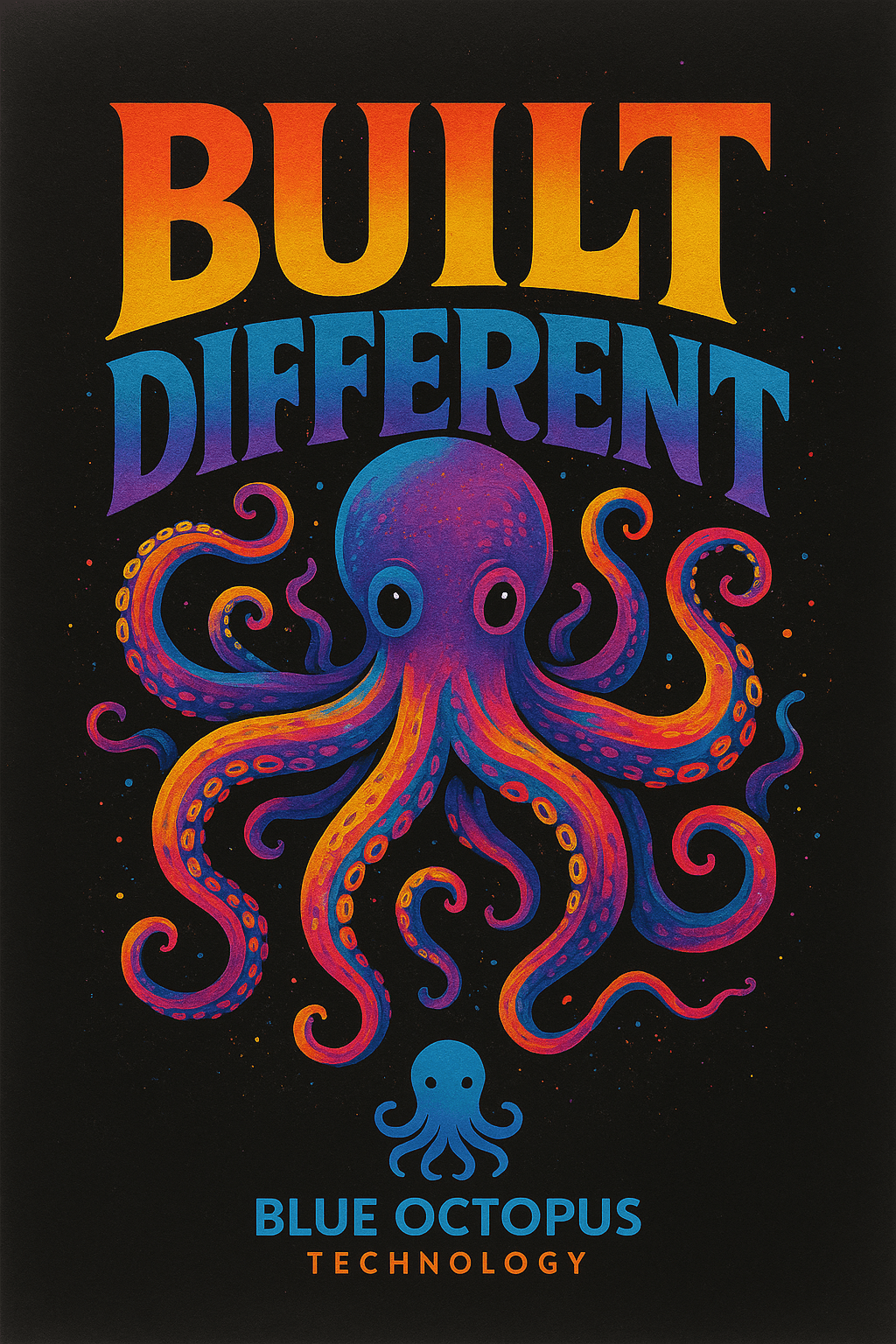 Neon purple and orange octopus with psychedelic tentacles on black