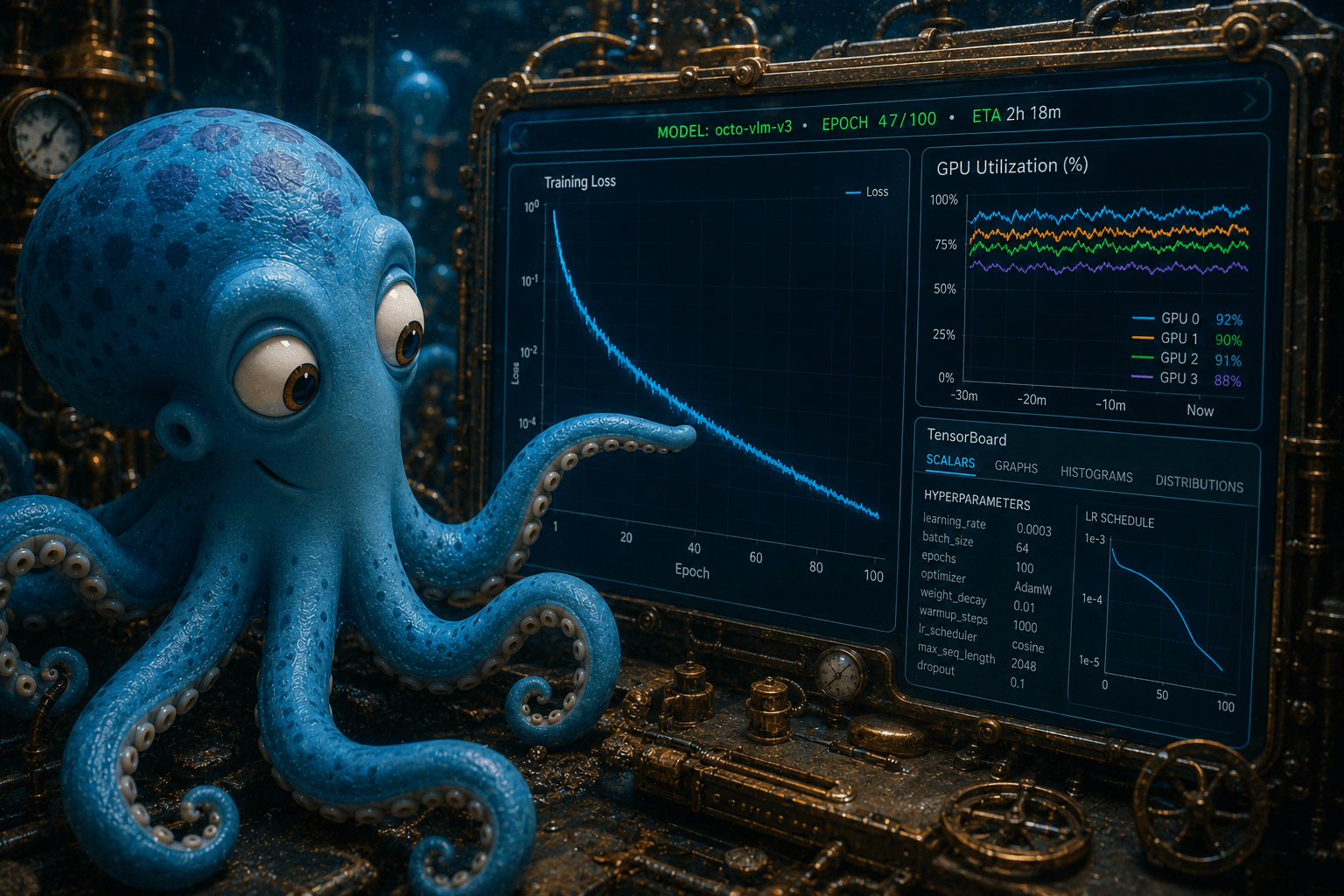 Octo at a multi-pane training dashboard showing loss curves, GPU utilization, and hyperparameters for model octo-vlm-v3