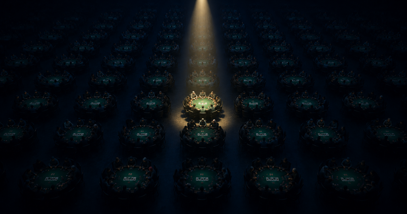 A grid of dim poker tables with a single bright spotlight picking out the one that matters right now — attention as the scarce resource