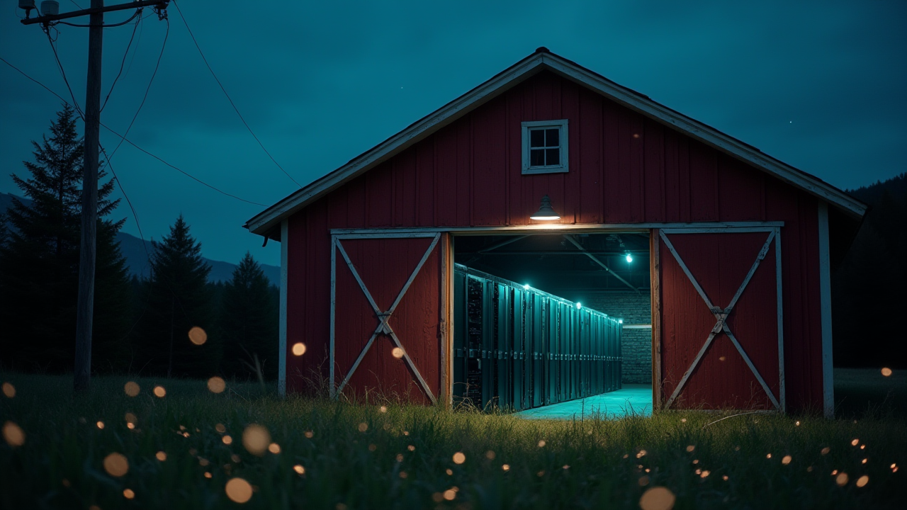 A barn with server racks glowing inside