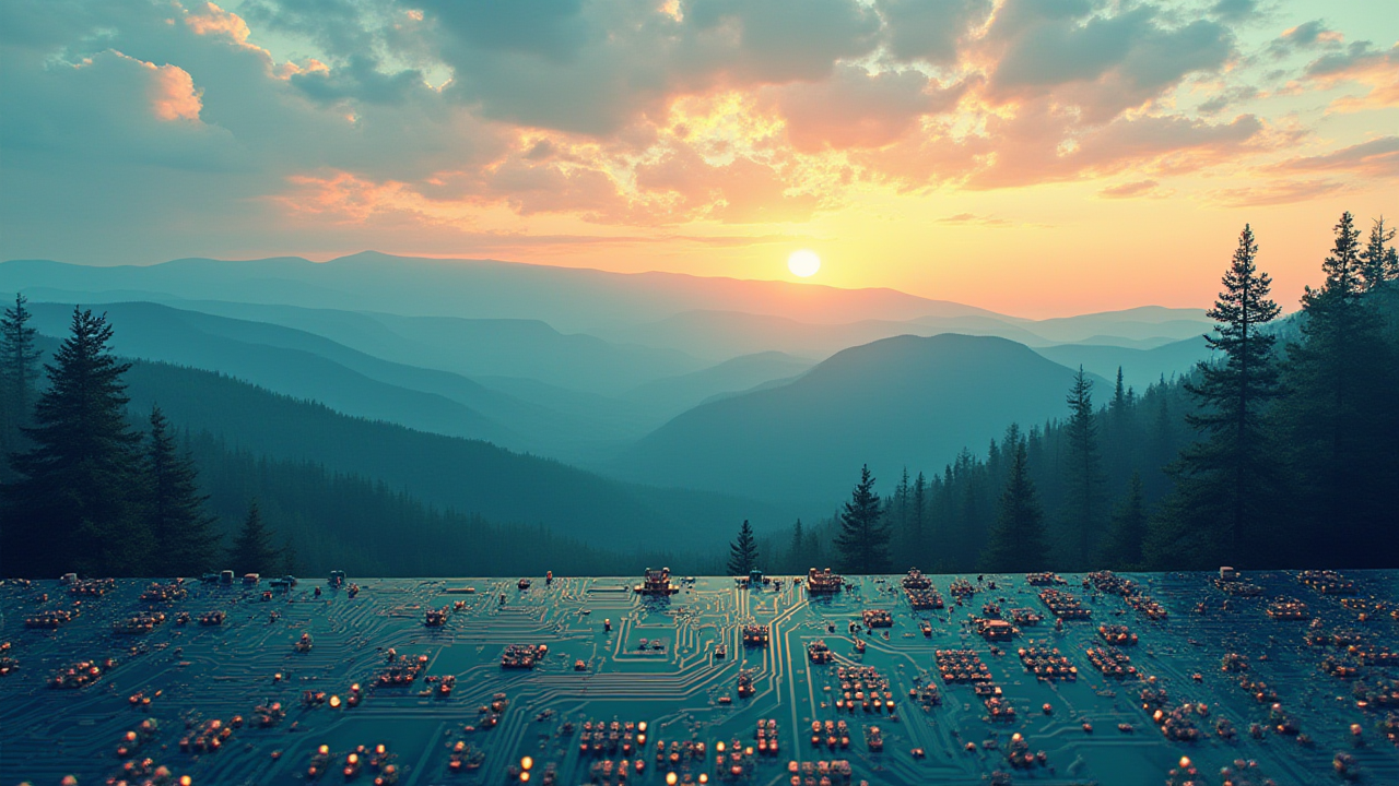 Circuit board patterns etched into a mountain valley at sunset