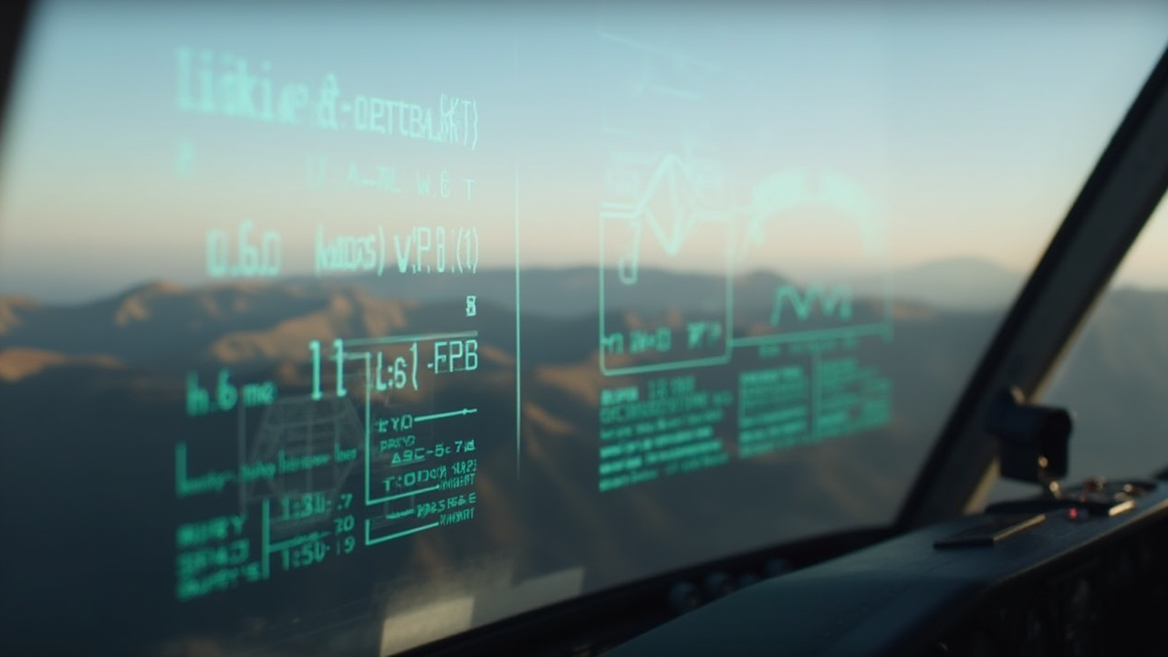A cockpit HUD overlaid on a mountain landscape