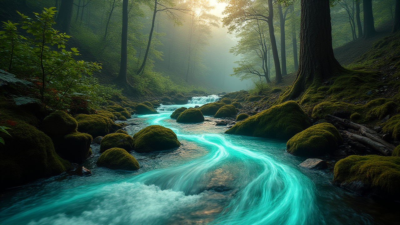 Fiber optic cables glowing along a mountain creek bed
