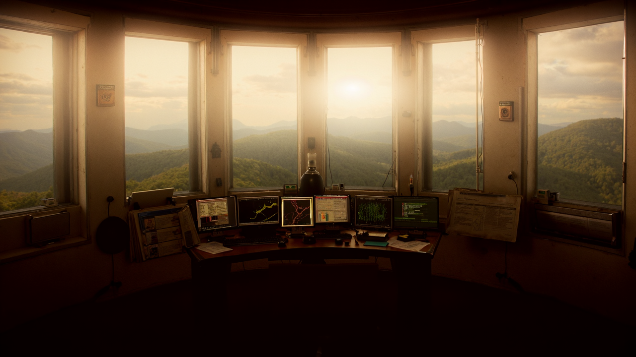 A fire tower converted into a multi-monitor command center