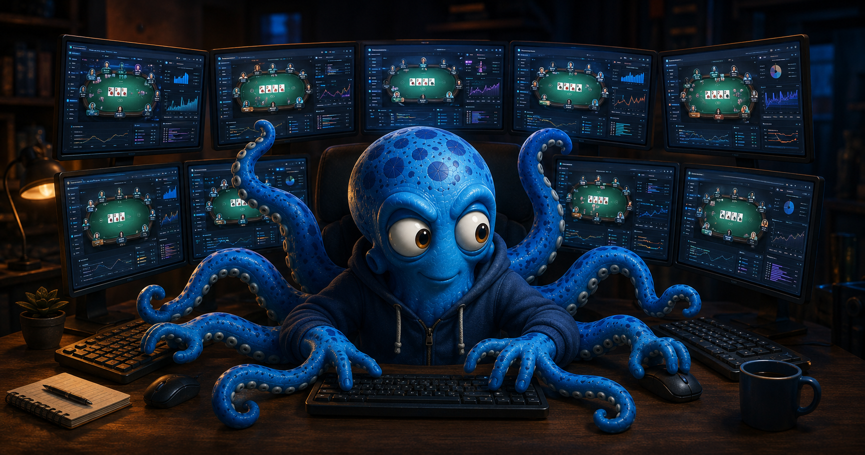 Octo multi-tabling with all eight arms at once, each tentacle working a different glowing screen — the joke an octopus was born to make