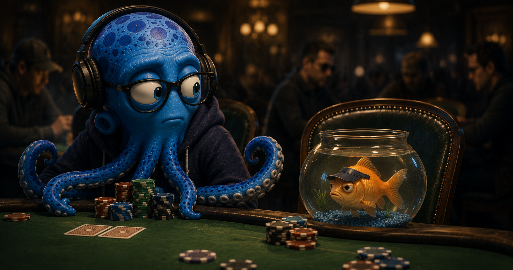 Octo at a poker table glancing nervously at an empty chair where a literal fish sits in a bowl — the dawning realization that he might be the fish