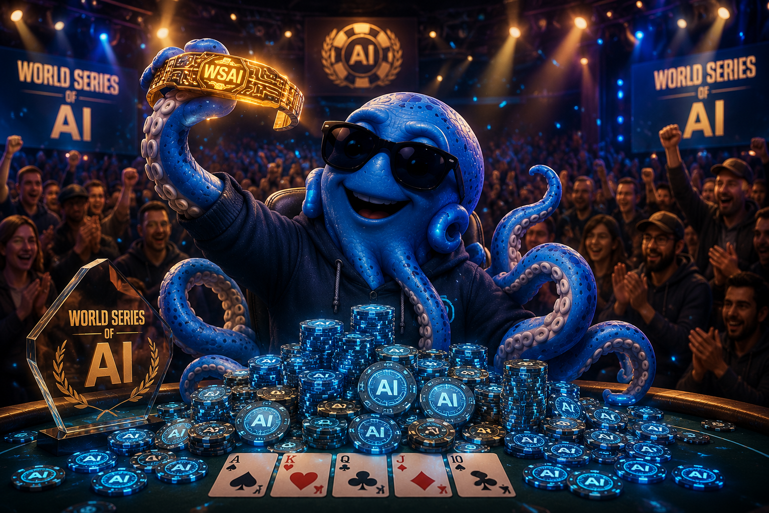OctoBot triumphant at the final table of the World Series of AI, holding up a championship bracelet made of glowing data, chips everywhere