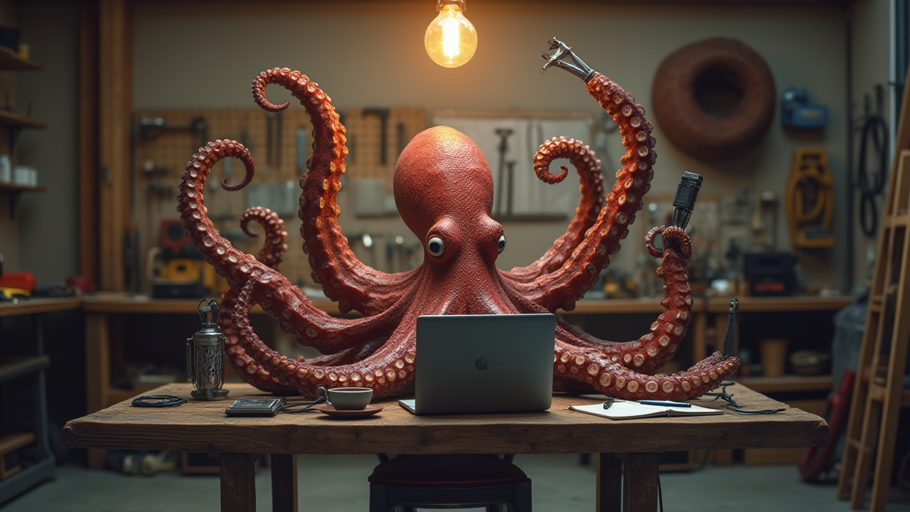 A stained glass octopus in a mountain landscape