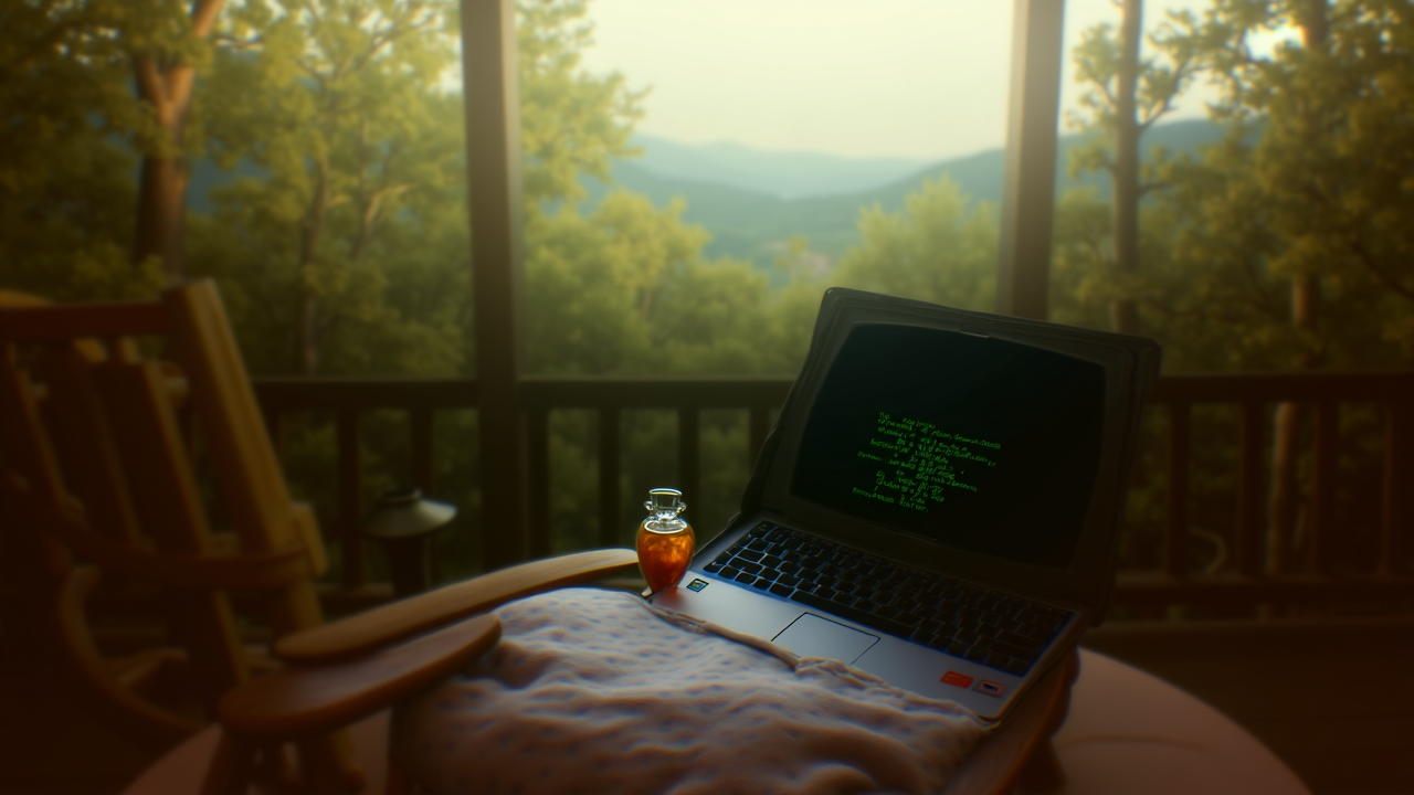 A laptop on a cabin porch overlooking mountains