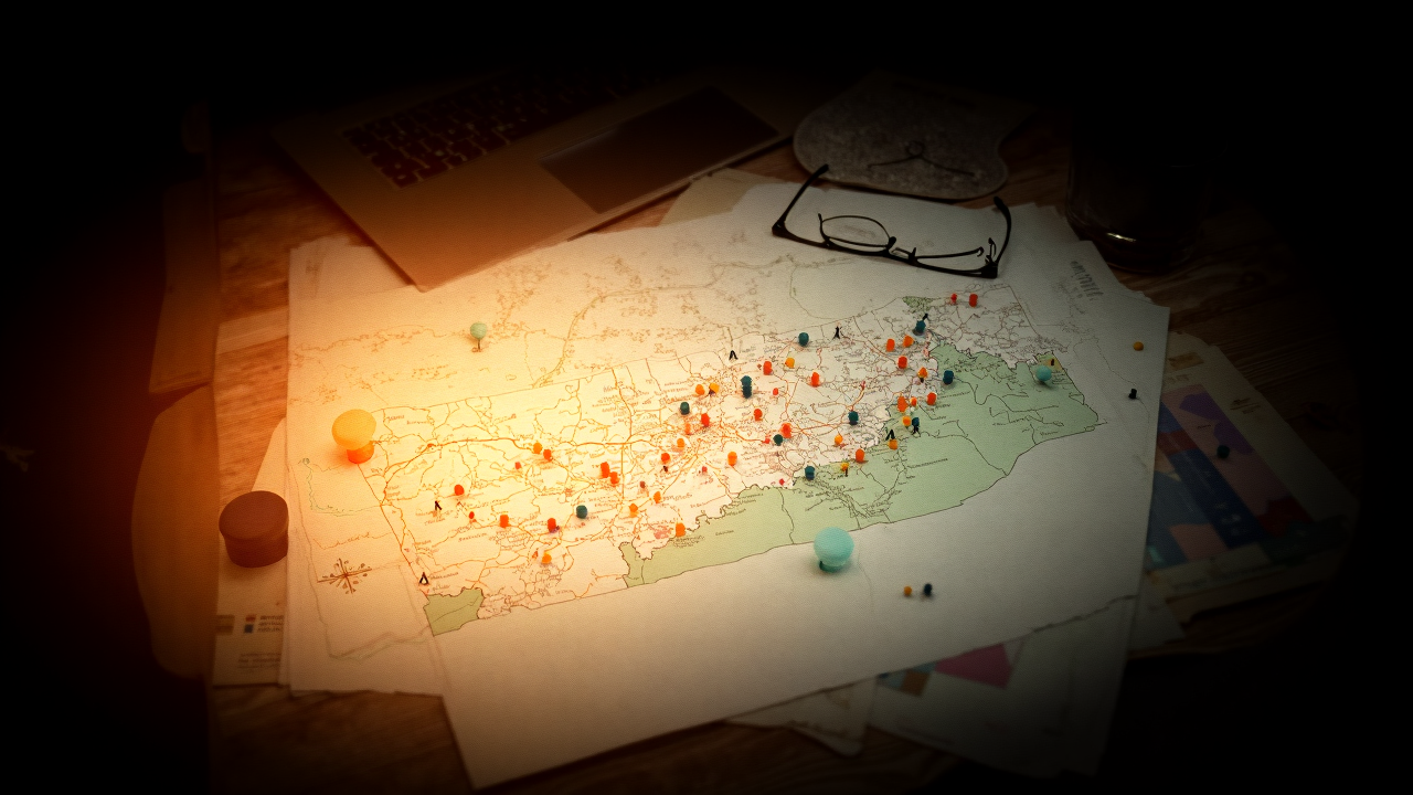 A research planning table with maps and documents
