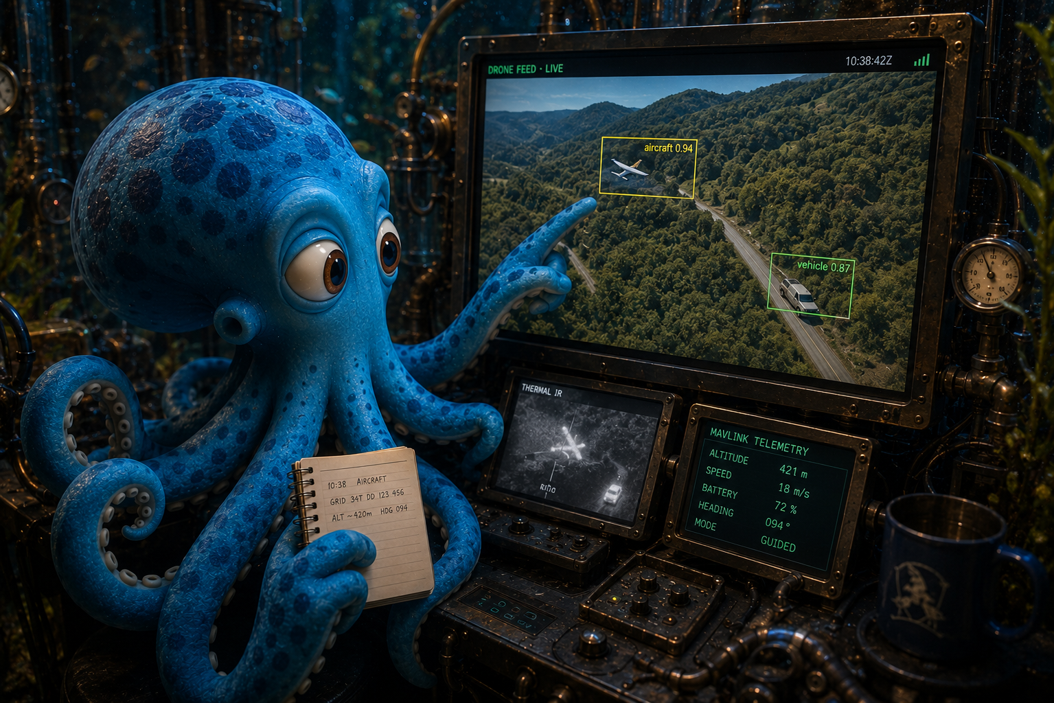 Octo holding a 360-degree camera at the end of a painter's pole, walking a wide orbit around a parked vehicle, in outdoor shade