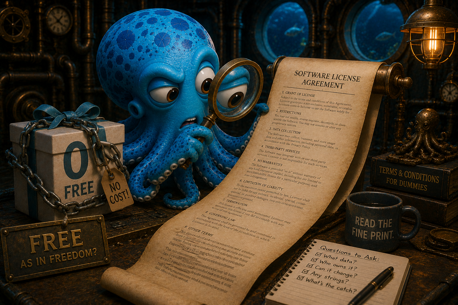Octo reading the license fine print through a magnifying glass, the "free" box chained shut on the desk beside him