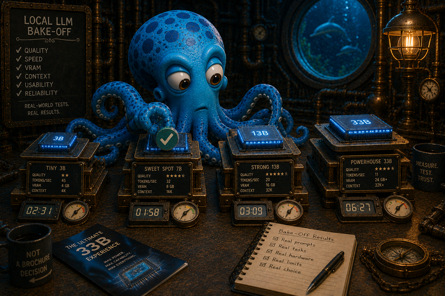 Octo running his own bake-off — local models on the bench, scored by speed, quality, VRAM, and context, the sweet-spot pick getting the check