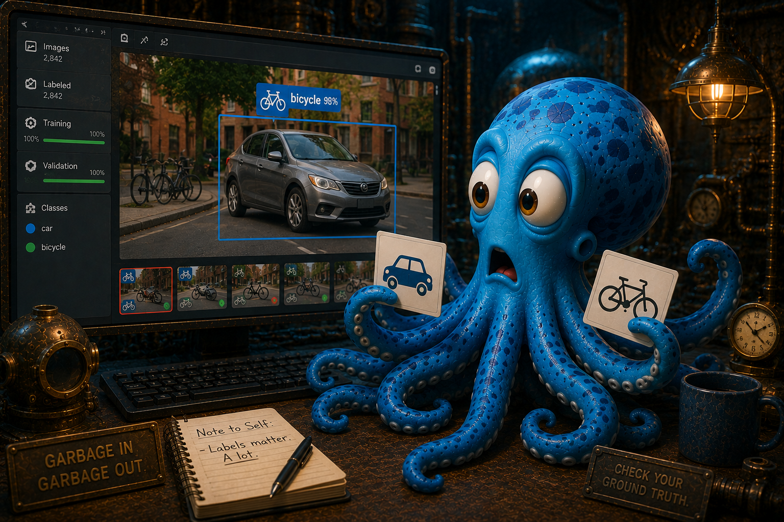 Octo realizing the labels are swapped — the model boxed a car and called it a bicycle because that is what the answer key told it