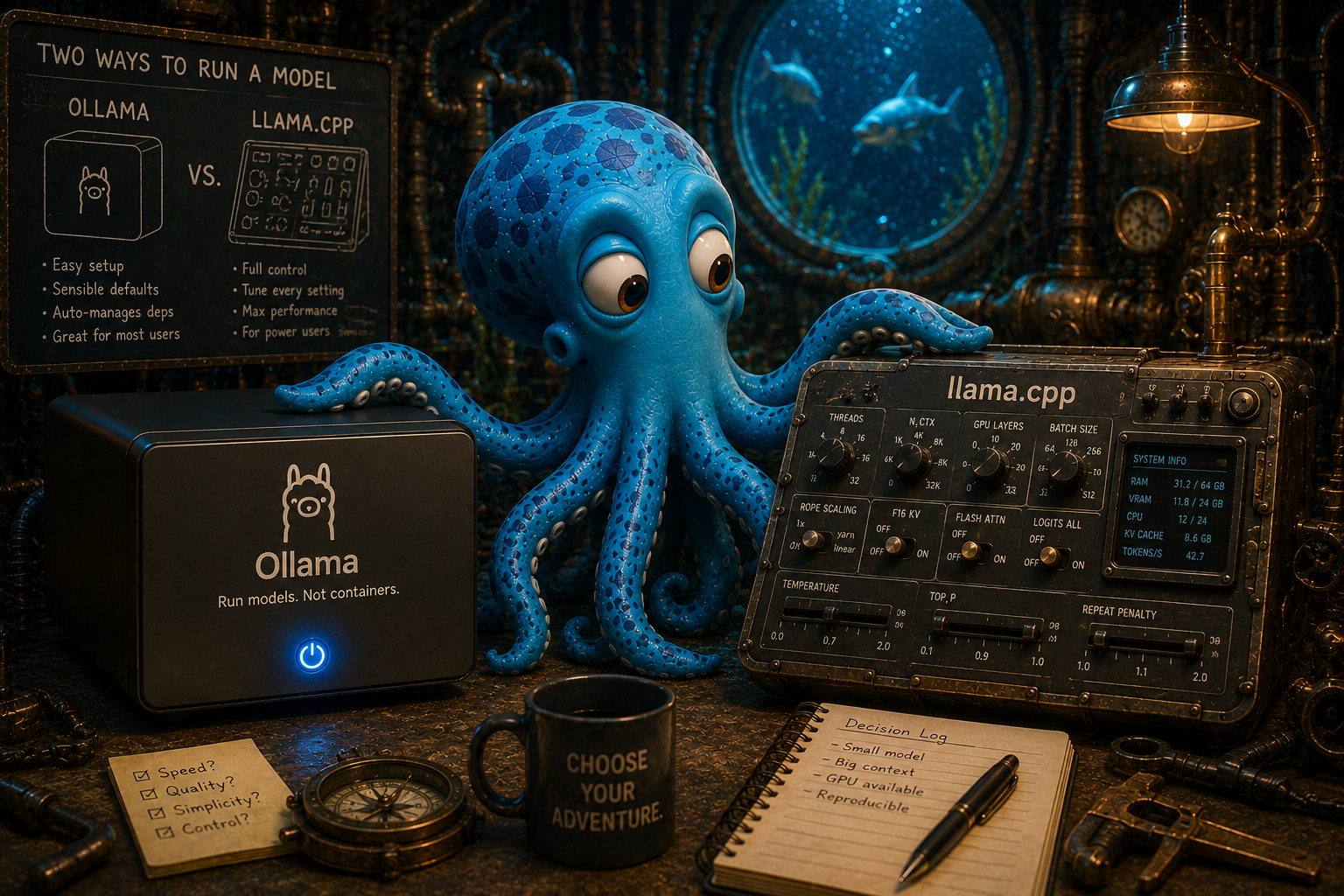Octo weighing the two ways to run a local model — Ollama's sealed one-button box versus llama.cpp's full control panel